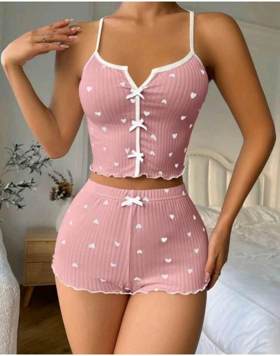 Kadın Pembe Kalpli Askılı Şortlu Pijama Takım 5009