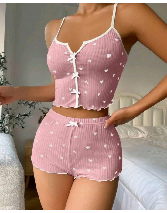 Kadın Pembe Kalpli Askılı Şortlu Pijama Takım 5009