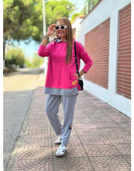 Kadın Pembe Kapşonlu Etek Ucu Detay Arma Ters Dikiş Gorunumlu Ikili Takım
