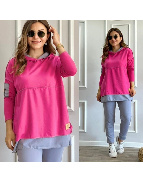 Kadın Pembe Kapşonlu Etek Ucu Detay Arma Ters Dikiş Gorunumlu Ikili Takım