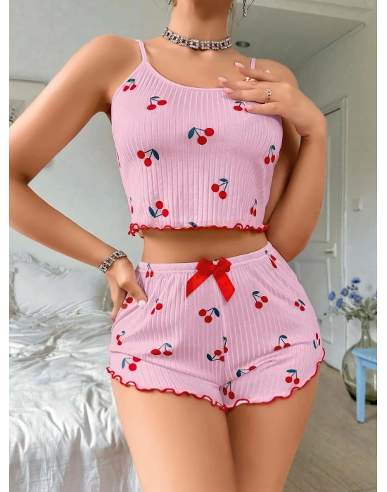 Kadın Pembe Kiraz Desenli Askılı Şortlu Pijama Takım 5044