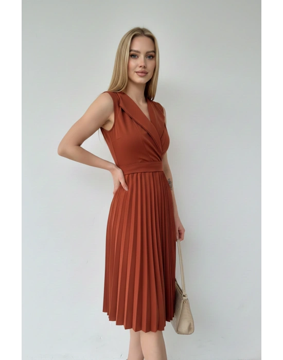Kadın Pliseli Ve Kuşaklı Sıfır Kol Yakalı Kuşaklı Elbise