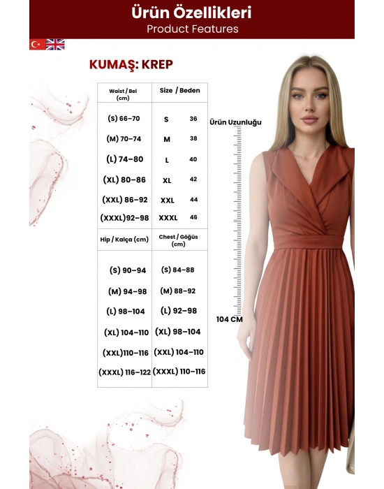 Kadın Pliseli Ve Kuşaklı Sıfır Kol Yakalı Kuşaklı Elbise