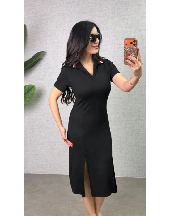 Kadın Polo Yaka çift Yırtmaç Detay Modal Kumaş Midi Boy Elbise