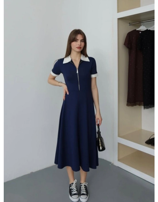 Kadın Polo Yaka Fermuar Detaylı Modal Midi Elbise