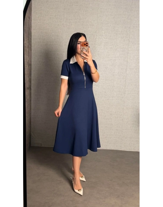 Kadın Polo Yaka Fermuar Detaylı Modal Midi Elbise