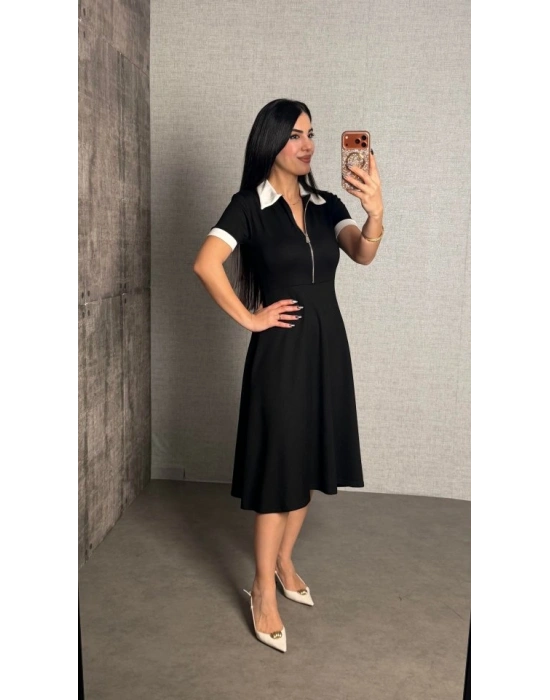 Kadın Polo Yaka Fermuar Detaylı Modal Midi Elbise