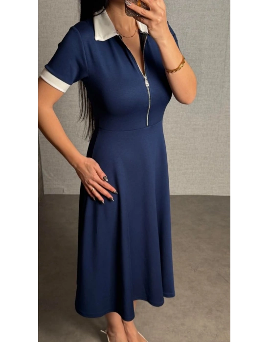 Kadın Polo Yaka Fermuar Detaylı Modal Midi Elbise