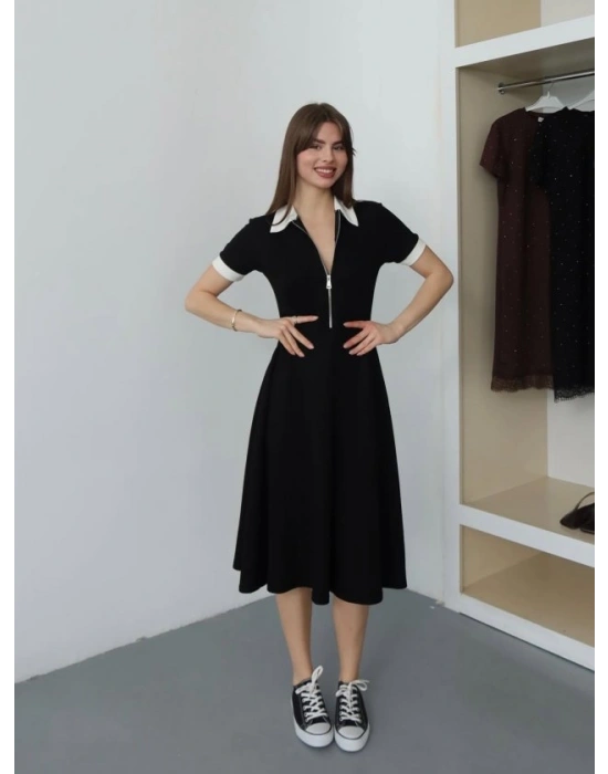 Kadın Polo Yaka Fermuar Detaylı Modal Midi Elbise