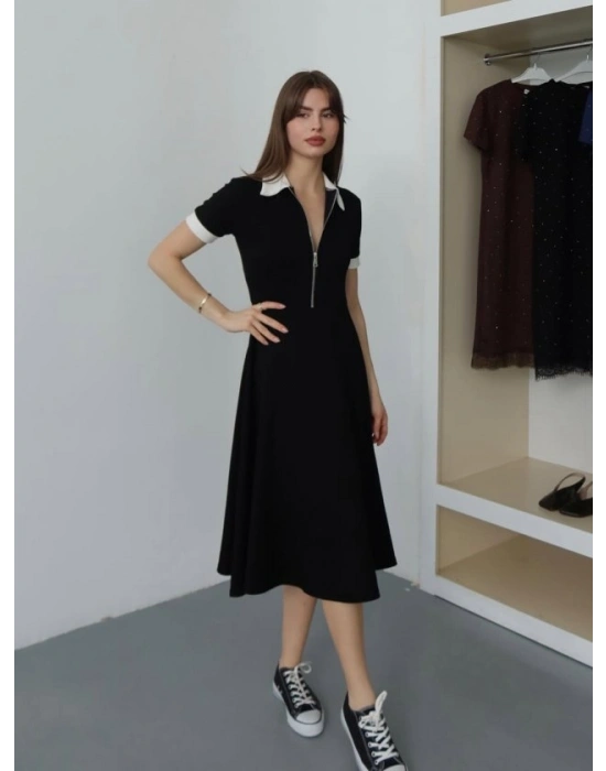 Kadın Polo Yaka Fermuar Detaylı Modal Midi Elbise