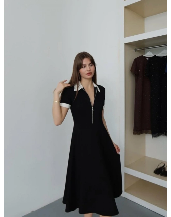 Kadın Polo Yaka Fermuar Detaylı Modal Midi Elbise