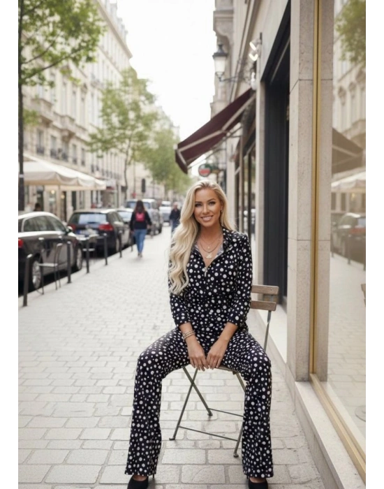 Kadın Puantiye Detay Kadife Kumaş Hırka Pantolon Ikili Takım