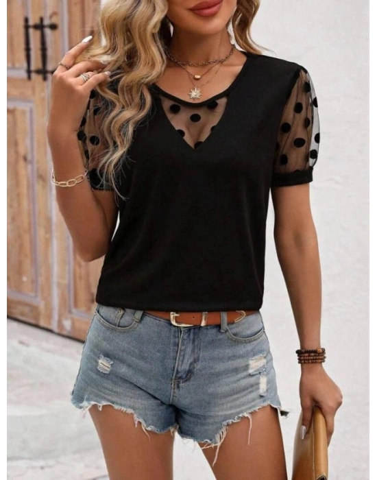 Kadın Puantiyeli Tül Koy Detay Bluz