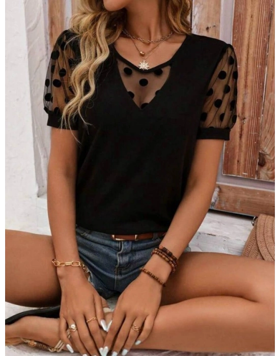 Kadın Puantiyeli Tül Koy Detay Bluz