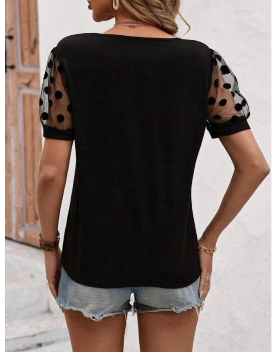 Kadın Puantiyeli Tül Koy Detay Bluz