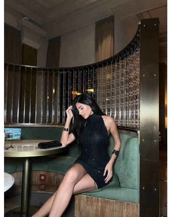 Kadın Pul Payet Kumaş Halter Yaka Mini Elbise