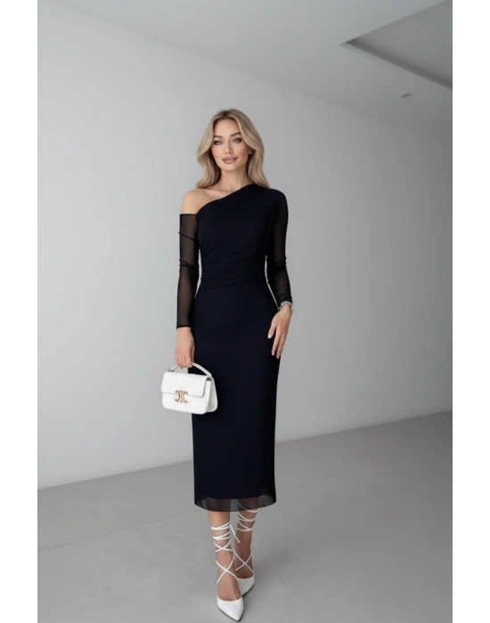 Kadın Sade Siyah Vintage Tek Omuz Elbise