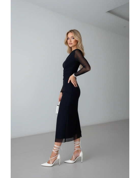 Kadın Sade Siyah Vintage Tek Omuz Elbise