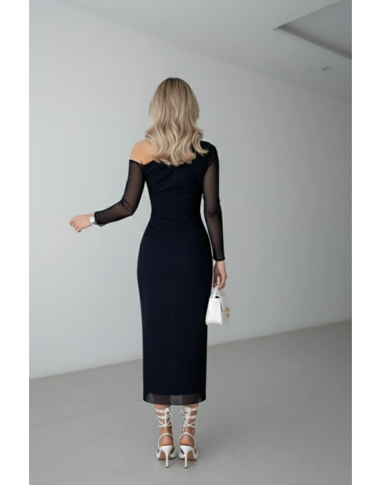 Kadın Sade Siyah Vintage Tek Omuz Elbise