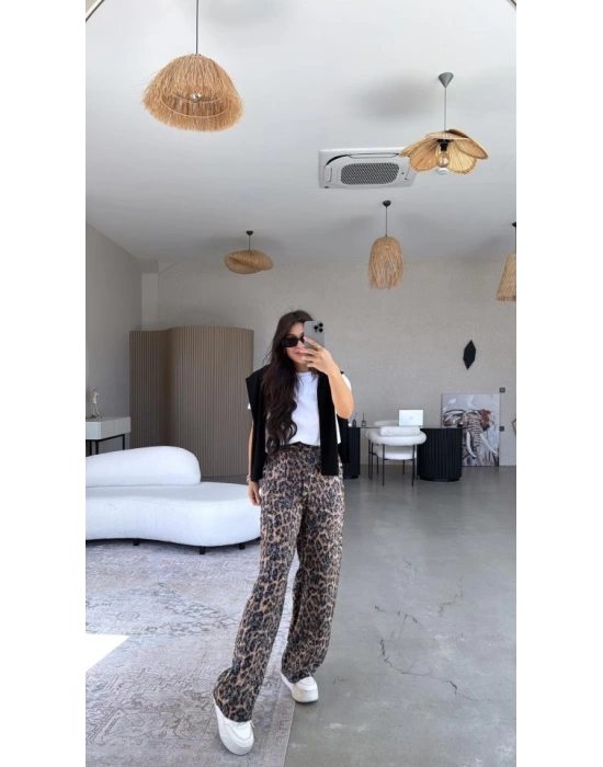 Kadın Saten Kumaş Leopar Desenli Pantolon