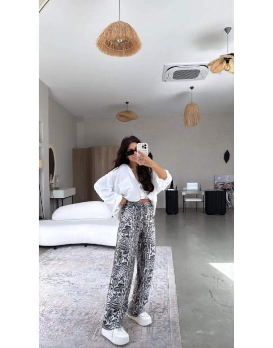 Kadın Saten Kumaş Leopar Desenli Pantolon