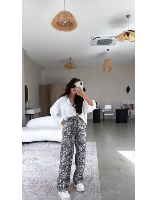 Kadın Saten Kumaş Leopar Desenli Pantolon