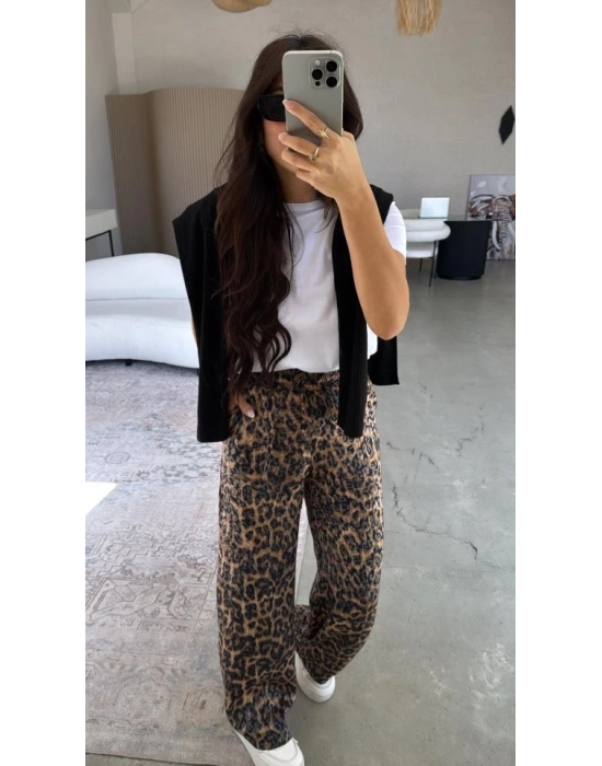 Kadın Saten Kumaş Leopar Desenli Pantolon