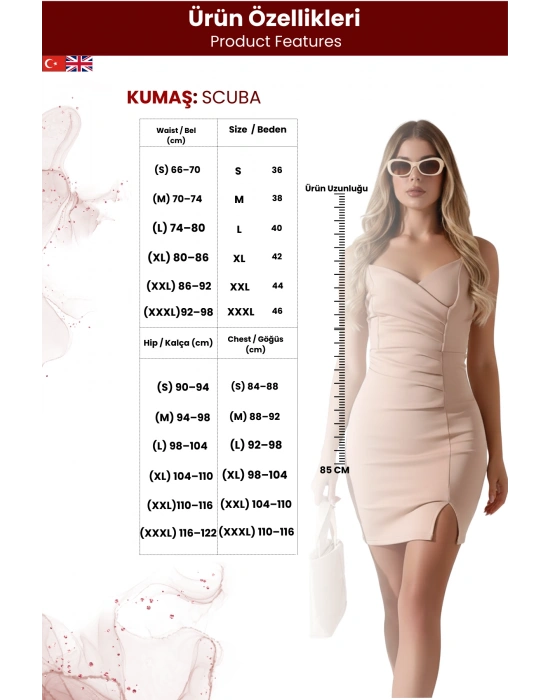 Kadın Scuba Kumaş Askı Taş Detay İnce Askılı Yırtmaçlı Elbise