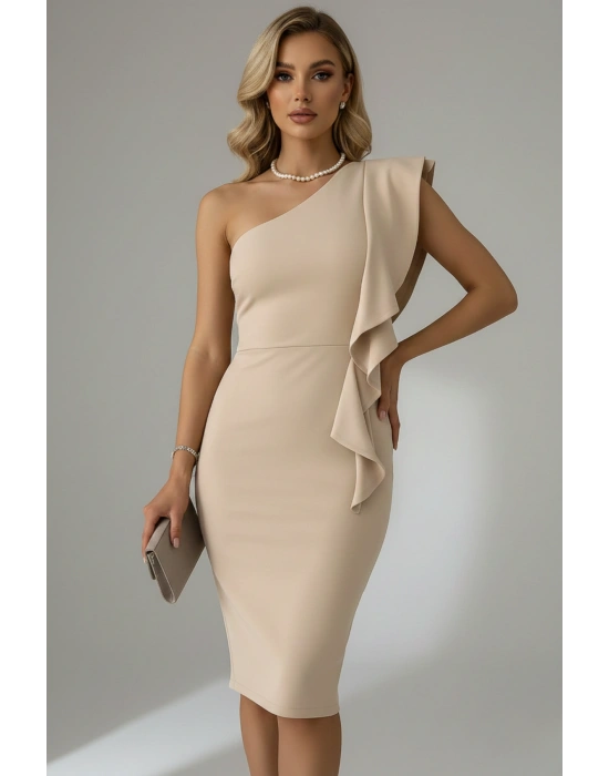 Kadın Scuba Kumaş Tek Omuz Volanlı Elbise