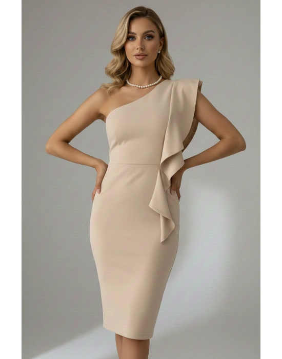 Kadın Scuba Kumaş Tek Omuz Volanlı Elbise