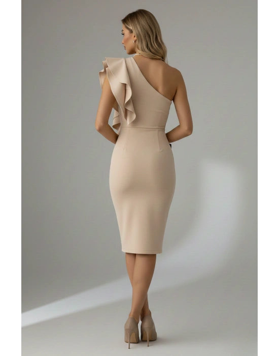 Kadın Scuba Kumaş Tek Omuz Volanlı Elbise