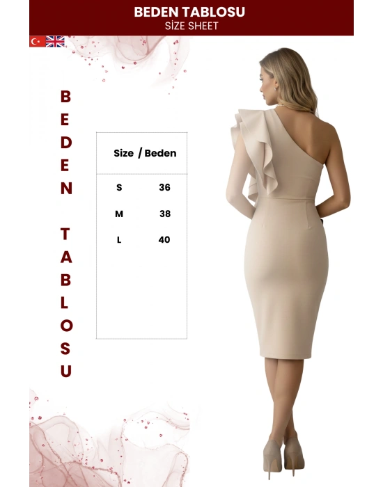 Kadın Scuba Kumaş Tek Omuz Volanlı Elbise