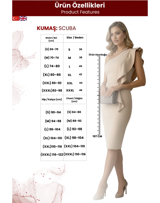 Kadın Scuba Kumaş Tek Omuz Volanlı Elbise