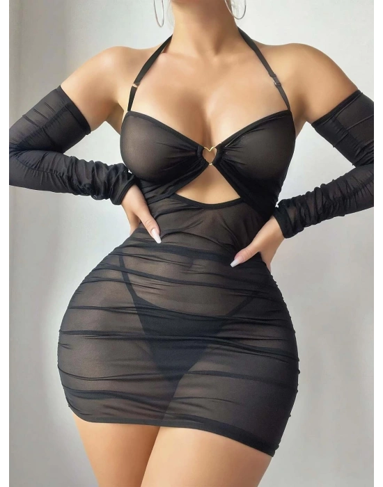 Kadın Siyah  Kolları Uzun Tül Detaylı Fantezi Gecelik 2182