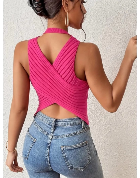Kadın Sıfır Kol Sırt çapraz Detay Triko Bluz