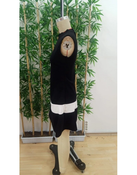 Kadın Sıfır Kol Yarı Balıkçı Yaka şerit Detaylı Ithal Krep Elbise