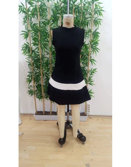 Kadın Sıfır Kol Yarı Balıkçı Yaka şerit Detaylı Ithal Krep Elbise