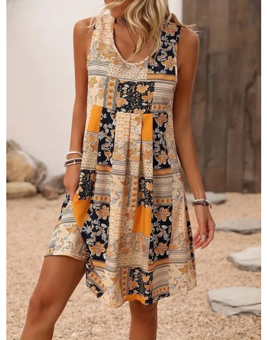 Kadın Sıfır Kol Yuvarlak Yaka çiçek Desenli Süprem Elbise