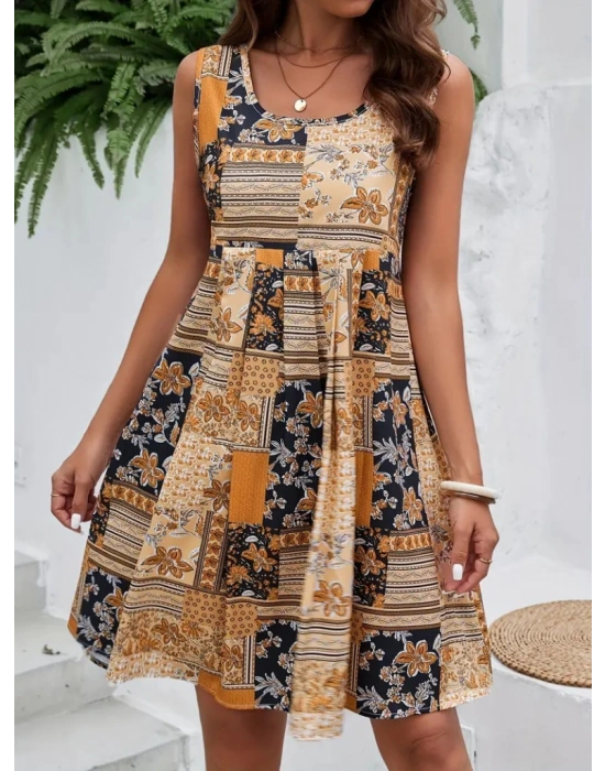 Kadın Sıfır Kol Yuvarlak Yaka çiçek Desenli Süprem Elbise