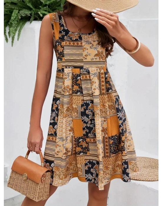 Kadın Sıfır Kol Yuvarlak Yaka çiçek Desenli Süprem Elbise