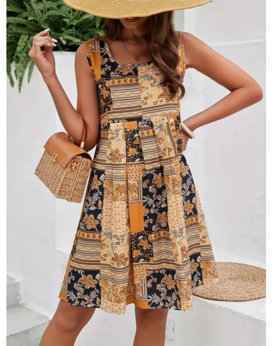 Kadın Sıfır Kol Yuvarlak Yaka çiçek Desenli Süprem Elbise