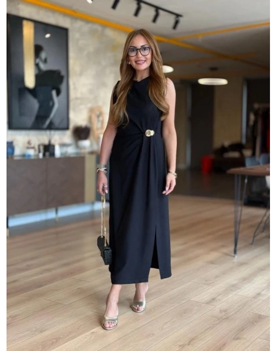 Kadın Sıfır Kollu Bisiklet Yaka Belden Büzgülü Yırtmaç Detaylı Janjan Krep Elbise