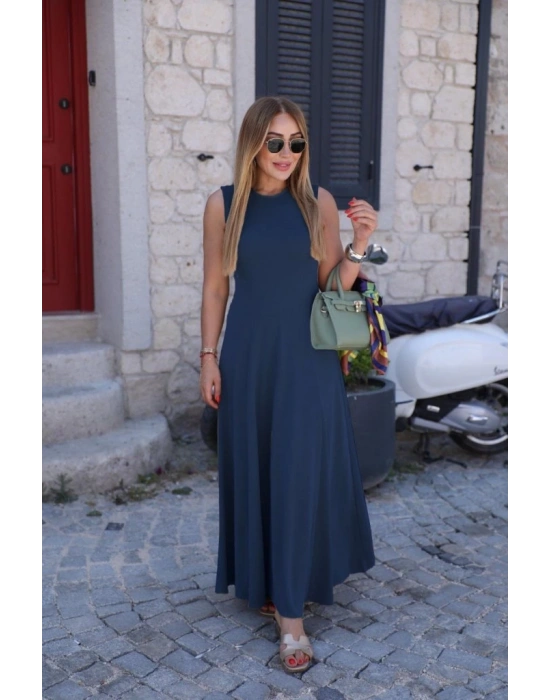 Kadın Sıfır Kollu Bisiklet Yaka Viskon Elbise