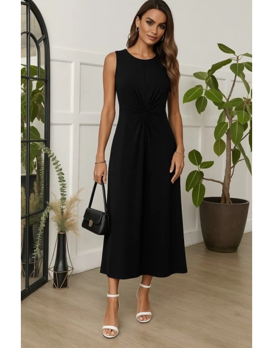 Kadın Sıfır Kollu Bisiklet Yaka Yandan Büzgü Detaylı Viskon Elbise