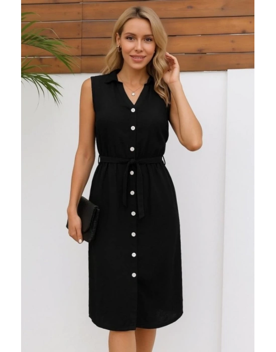 Kadın Sıfır Kollu Hakim Yaka önden Düğmeli Belden Kuşaklı Ithal Keten Elbise