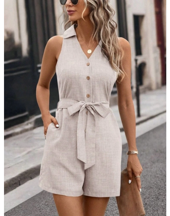 Kadın Sıfır Kollu Yakalı Düğmeli Belden Kuşaklı Kısa Keten Tulum