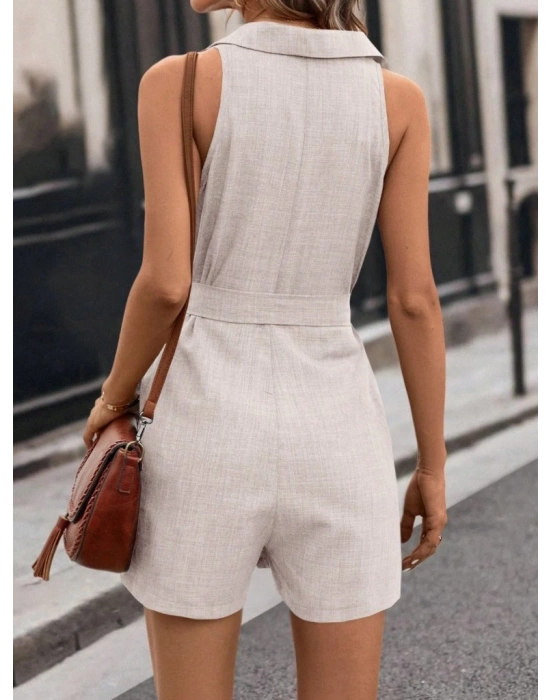 Kadın Sıfır Kollu Yakalı Düğmeli Belden Kuşaklı Kısa Keten Tulum