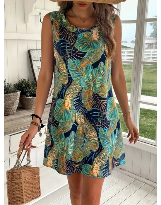 Kadın Sıfır Kollu Yuvarlak Yaka Desenli Süprem Elbise