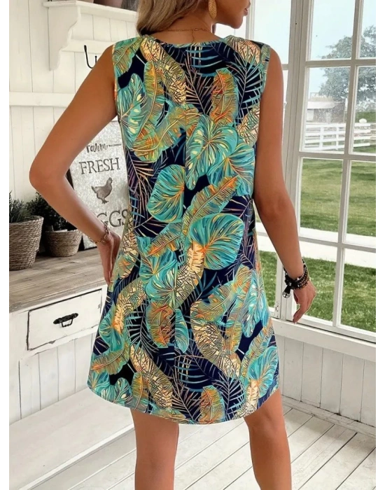 Kadın Sıfır Kollu Yuvarlak Yaka Desenli Süprem Elbise