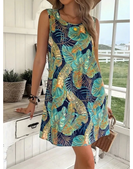 Kadın Sıfır Kollu Yuvarlak Yaka Desenli Süprem Elbise